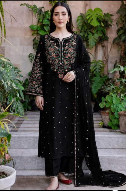 Batik A-82 black Dhanak 3-piece suit with multicolour thread embroidery and matching shawl