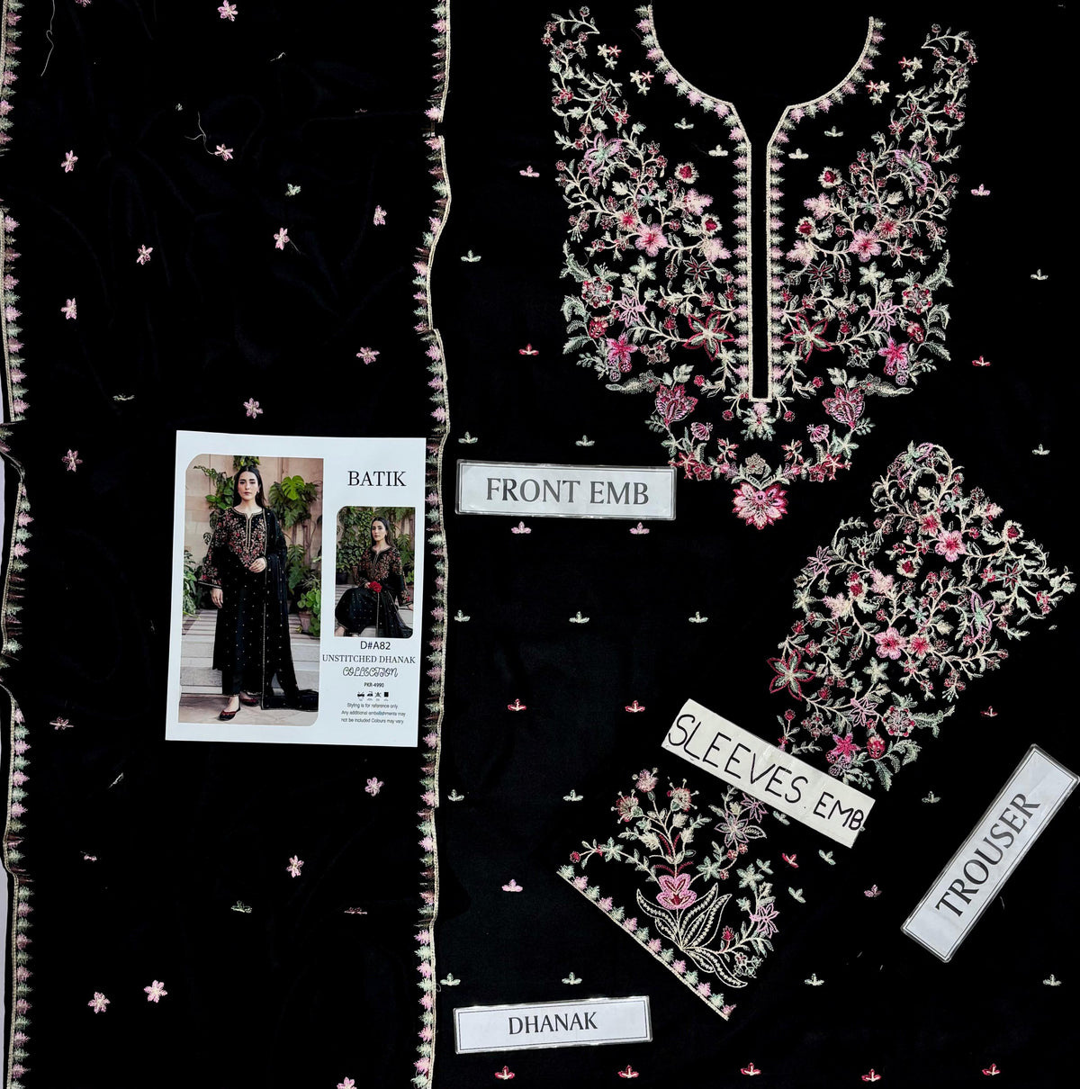 Batik Premium Dhanak Embroidered 3-Piece Suit A-82 - Black
