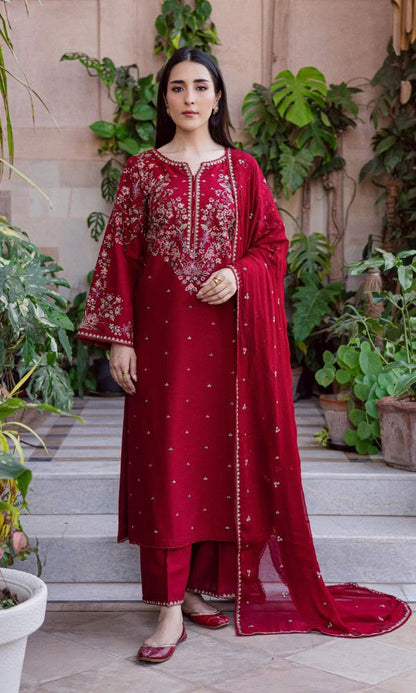 Batik A-82 red Dhanak 3-piece suit with thread embroidery and matching shawl