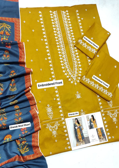 Urgu Premium Dhanak 3PC Embroidered Suit with Wool Shawl