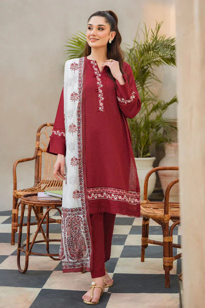 Red Zava Dhanak three-piece suit fabric with embroidered front, sleeves, trouser and printed wool shawl