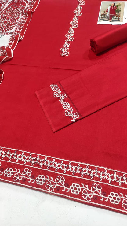 Zava Premium Red Dhanak 3PC Embroidered Suit with Wool Shawl