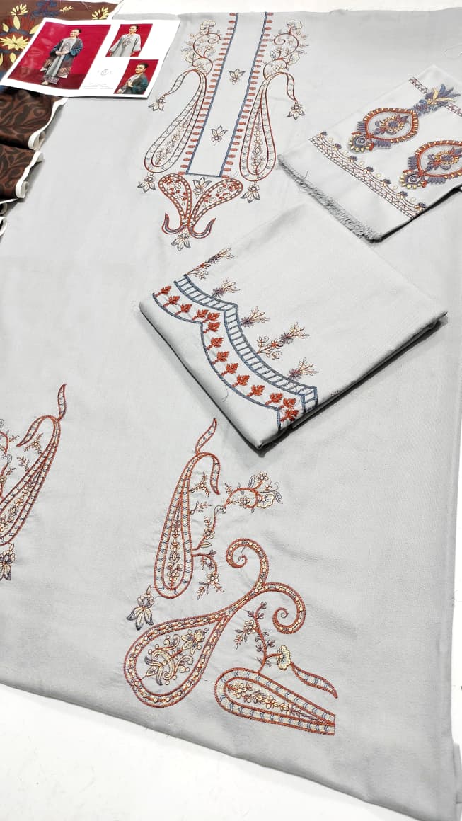 Urgu Premium Grey Dhanak 3PC Embroidered Suit with Wool Shawl