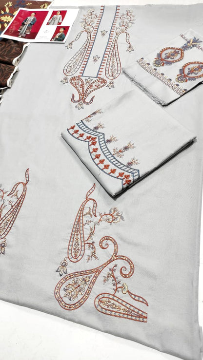 Urgu Premium Grey Dhanak 3PC Embroidered Suit with Wool Shawl