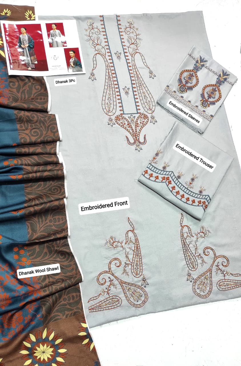 Grey Urgu Dhanak three-piece suit fabric with embroidered front, sleeves, trouser and printed wool shawl