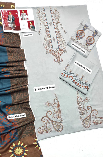 Grey Urgu Dhanak three-piece suit fabric with embroidered front, sleeves, trouser and printed wool shawl
