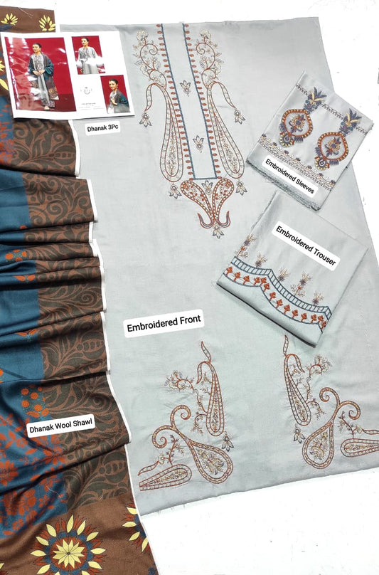 Grey Urgu Dhanak three-piece suit fabric with embroidered front, sleeves, trouser and printed wool shawl