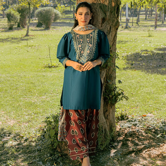 Woman wearing an Asling teal embroidered Dhanak shirt with printed trousers