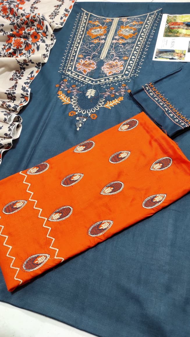 Asling Premium Dhanak 3PC Embroidered Suit with Wool Shawl