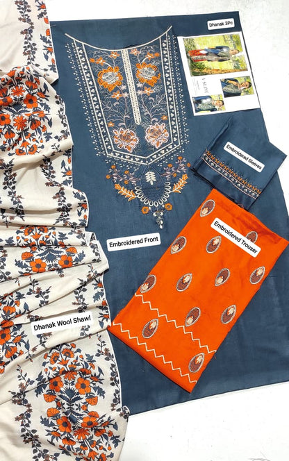 Asling Premium Dhanak 3PC Embroidered Suit with Wool Shawl