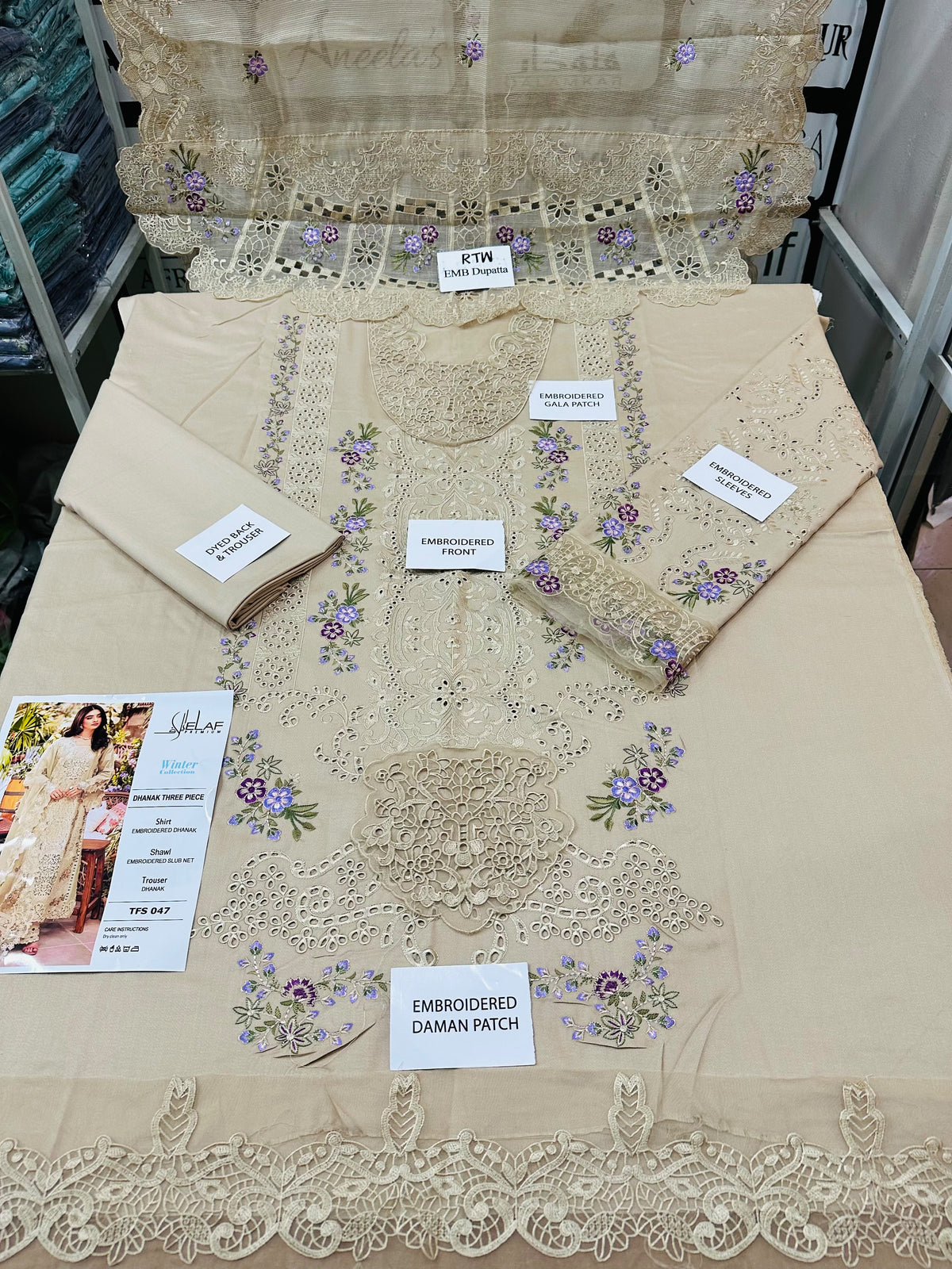 ELAF TFS 047 embroidered Dhanak three-piece winter suit styled with its ready-to-wear khaddi net embroidered shawl
