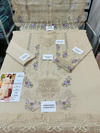 ELAF TFS 047 embroidered Dhanak three-piece winter suit styled with its ready-to-wear khaddi net embroidered shawl