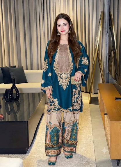 Ethnic D435 teal-blue premium silk embroidered 2-piece unstitched suit with digital printed silk trouser