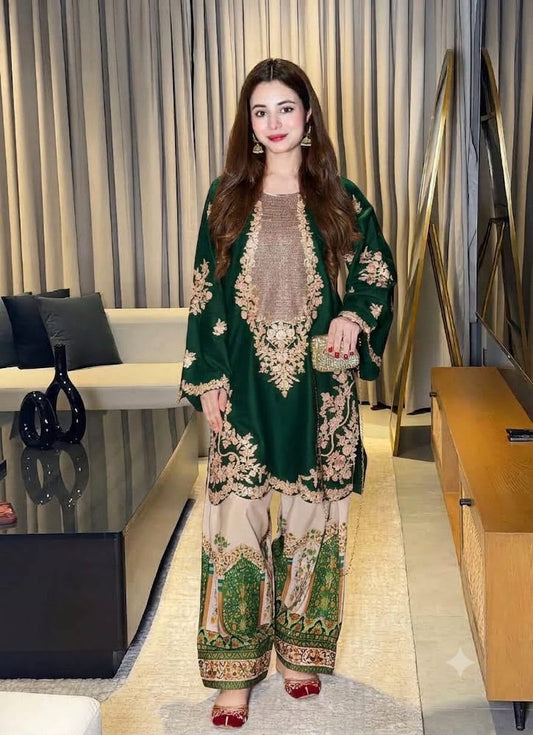 Ethnic D435 dark-green premium silk embroidered 2-piece unstitched suit with digital printed silk trouser
