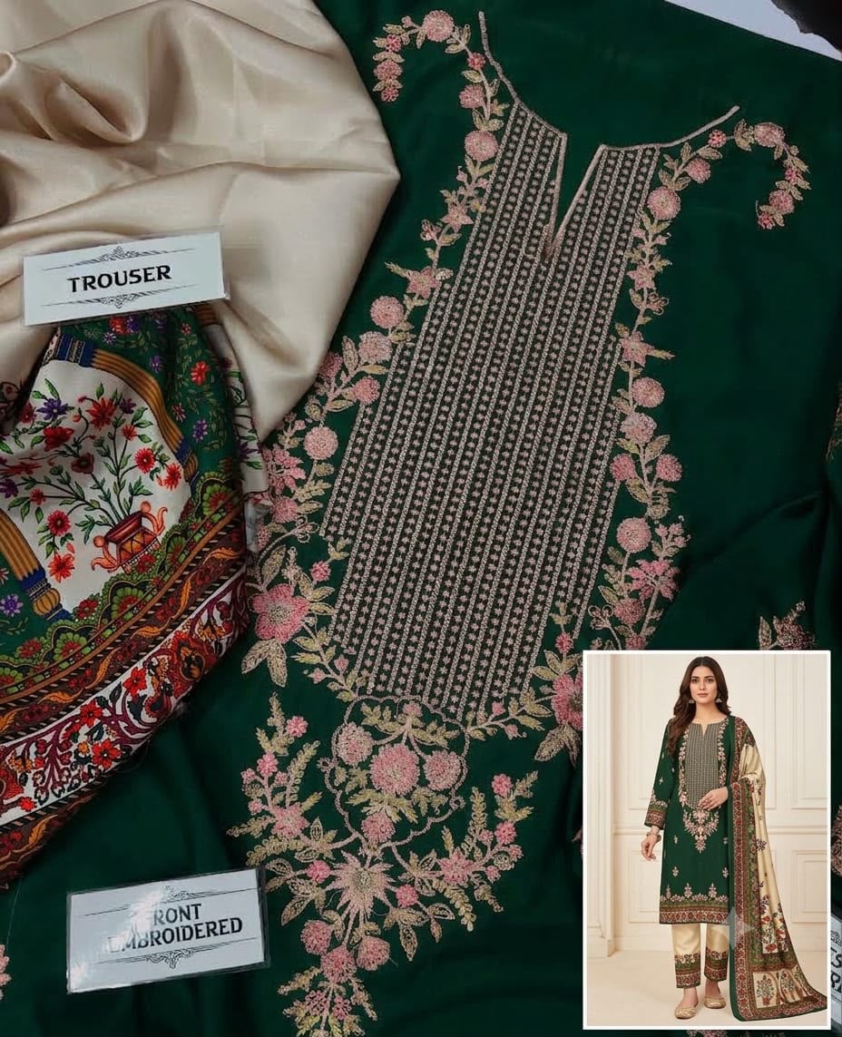 Ethnic D435 Dark Green Premium Silk Embroidered 2-Piece Suit