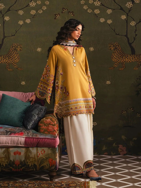 Ethnic NF 430 mustard yellow premium Dhanak 3-piece heavy embroidered winter suit with digital printed woolen shawl