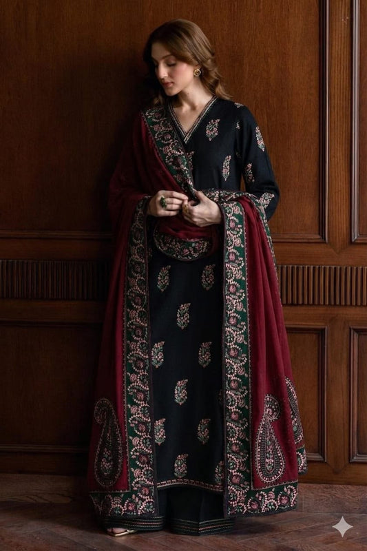 Batik NF 1037 black premium Dhanak 3-piece heavy embroidered winter suit with its ready-to-wear maroon embroidered Dhanak shawl