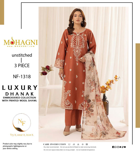 Mohagni NF 1318 rust premium Dhanak embroidered 3-piece unstitched winter suit with digital printed woolen shawl
