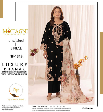 Mohagni NF 1318 black premium Dhanak embroidered 3-piece unstitched winter suit with digital printed woolen shawl