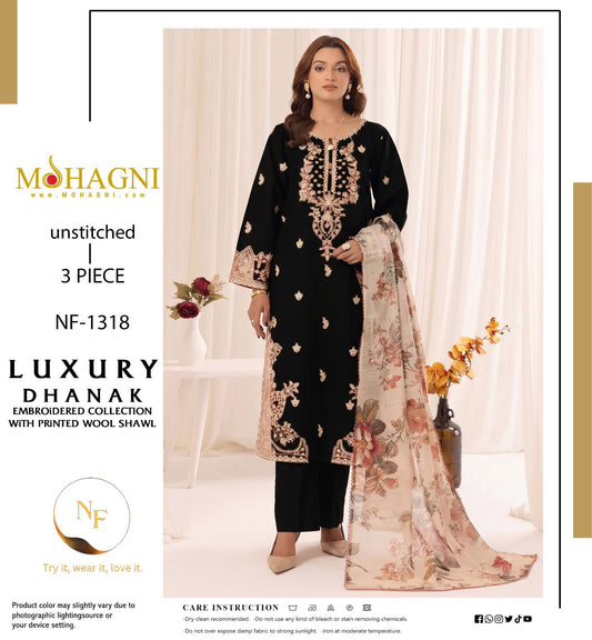 Mohagni NF 1318 black premium Dhanak embroidered 3-piece unstitched winter suit with digital printed woolen shawl