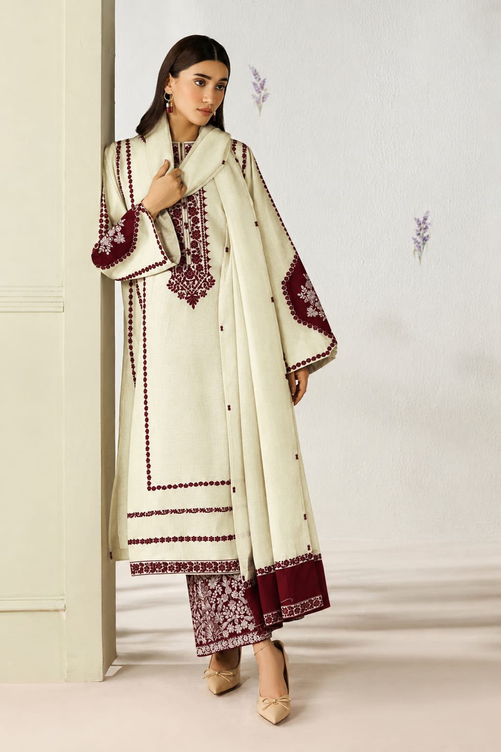 Baroque NF 3020 cream premium Dhanak 3-piece heavy embroidered winter suit styled with its maroon embroidered ready-to-wear Dhanak shawl