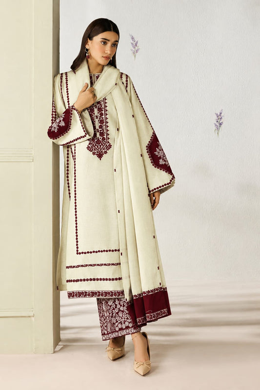 Baroque NF 3020 cream premium Dhanak 3-piece heavy embroidered winter suit styled with its maroon embroidered ready-to-wear Dhanak shawl