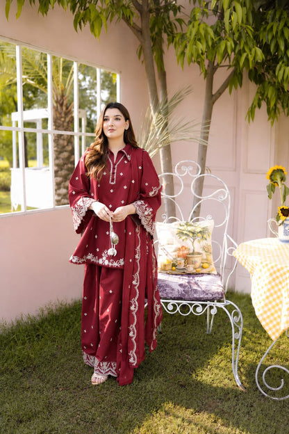 Aneelas NF 3023 maroon premium Dhanak embroidered 3-piece winter suit styled with its heavy thread luxury embroidered shawl