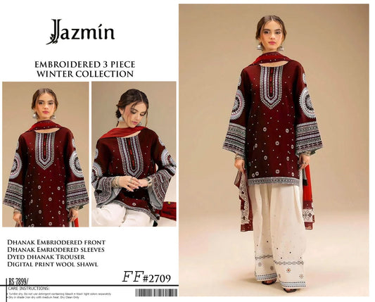 Jazmin 2709 maroon embroidered Airjet Dhanak 3-piece suit with wool shawl