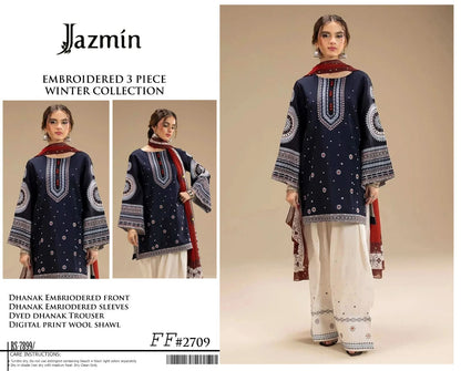 Jazmin 2709 navy blue embroidered Airjet Dhanak shirt, trouser and printed wool shawl