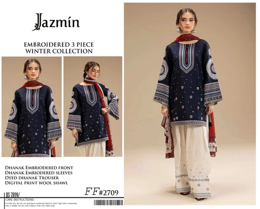 Jazmin 2709 navy blue embroidered Airjet Dhanak shirt, trouser and printed wool shawl