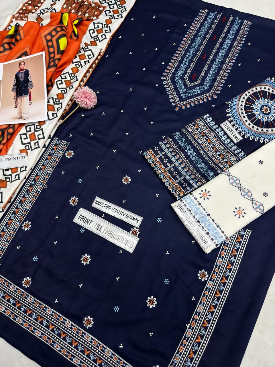 Close view of Jazmin 2709 navy blue embroidered Airjet Dhanak fabric