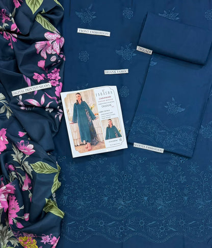 Farisha navy pure Dhanak three-piece fabric with heavy embroidered front, sleeves, trouser and floral shawl