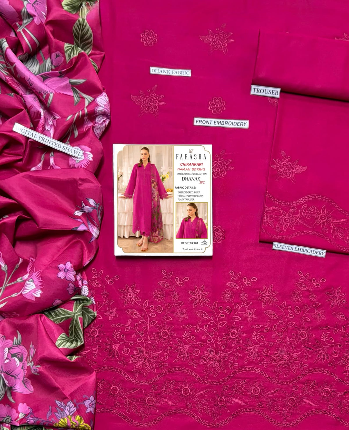 Farisha Pure Hot Pink Dhanak 3PC Heavy Embroidered Suit