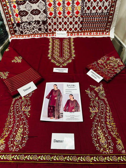IZNIK Luxury Embroidered Dhanak Marina 3-Piece Suit – Maroon