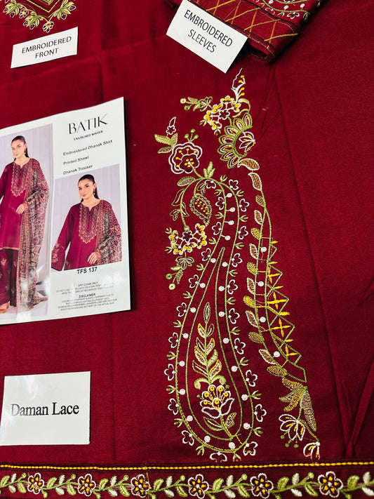 IZNIK Luxury Embroidered Dhanak Marina 3-Piece Suit – Maroon