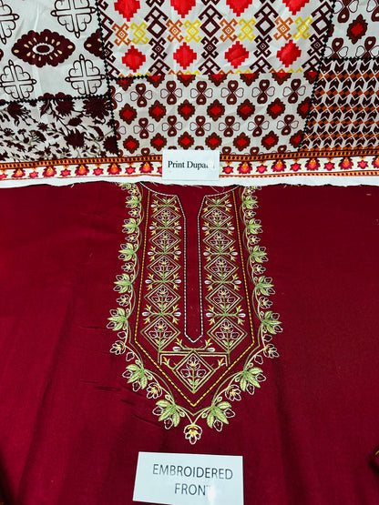 IZNIK Luxury Embroidered Dhanak Marina 3-Piece Suit – Maroon