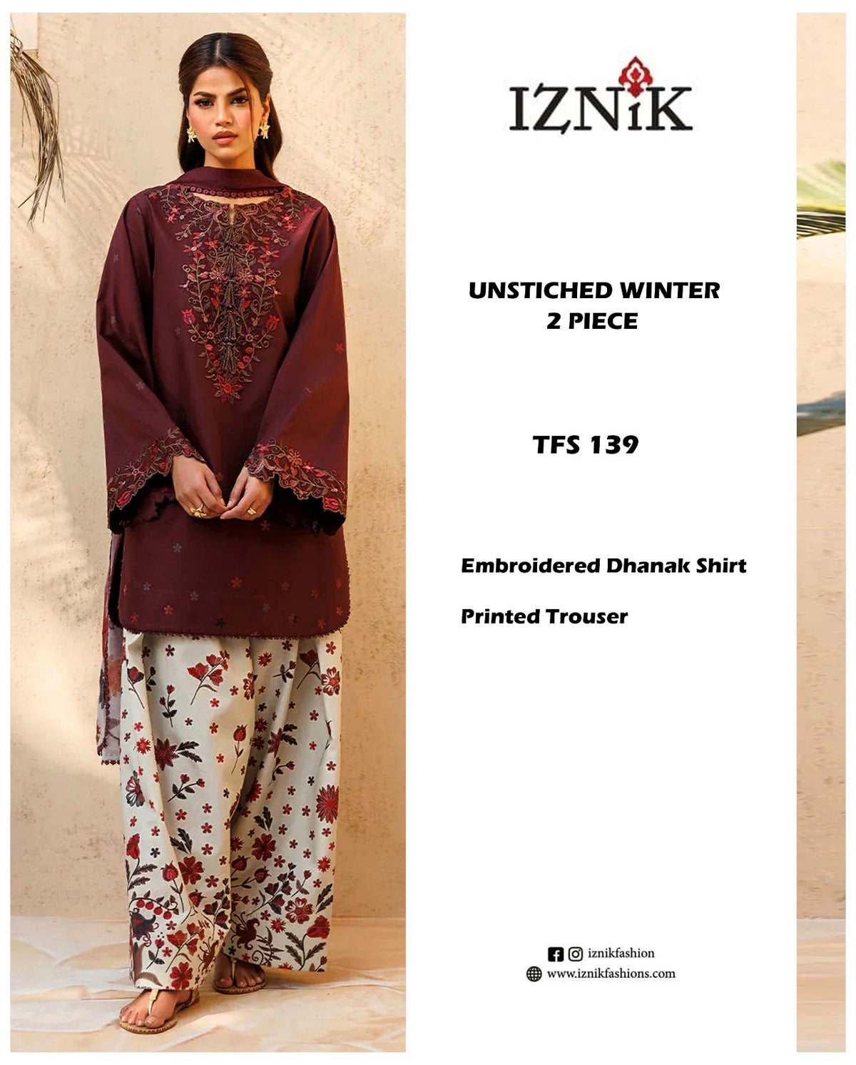 IZNIK TFS 139 maroon embroidered Dhanak shirt with printed floral trousers, unstitched winter 2-piece suit