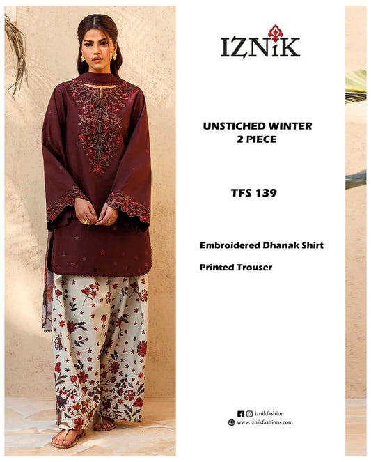 IZNIK TFS 139 maroon embroidered Dhanak shirt with printed floral trousers, unstitched winter 2-piece suit