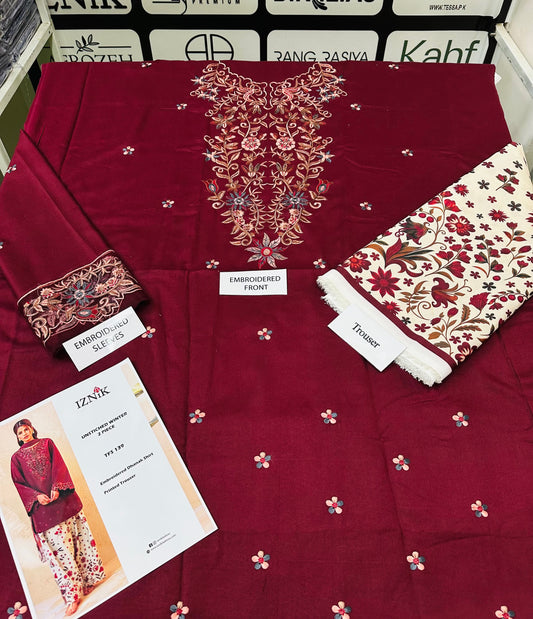 IZNIK TFS 139 Luxury Embroidered Dhanak 2-Piece Suit – Maroon