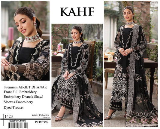 KAHF 1423 black premium Airjet Dhanak embroidered suit with Dhanak shawl, catalog image