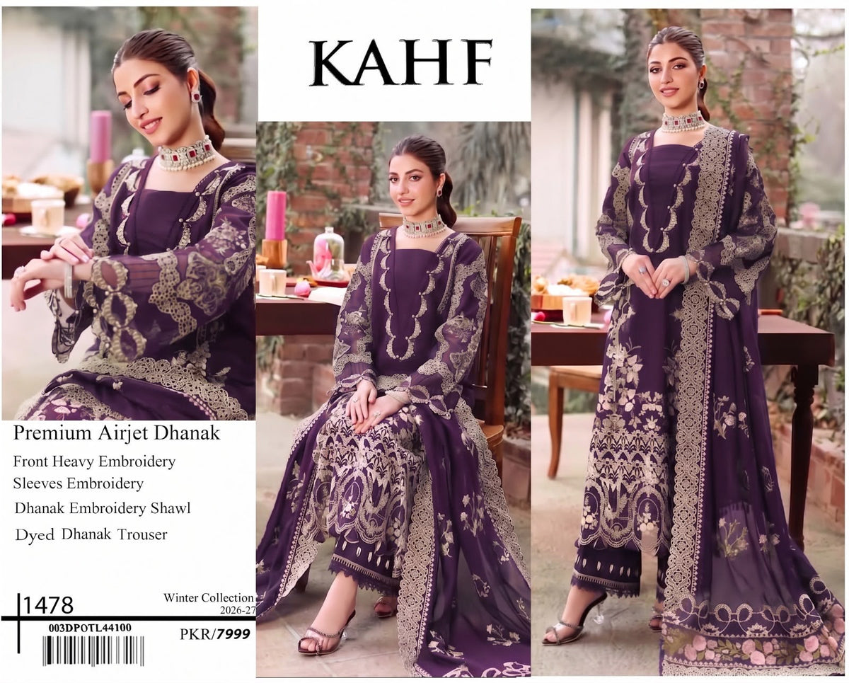 KAHF 1423 Premium Airjet Dhanak Embroidered Suit with Shawl