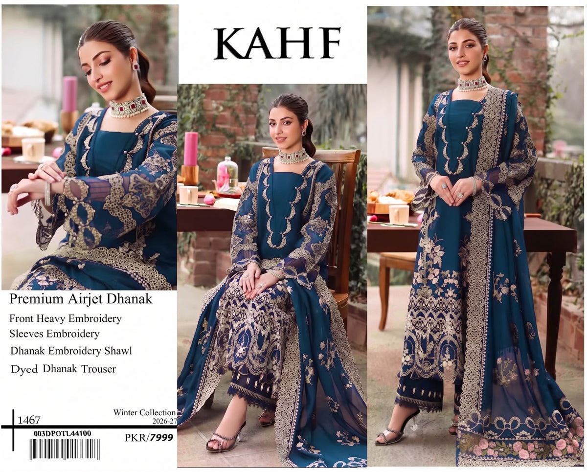 KAHF 1423 Premium Airjet Dhanak Embroidered Suit with Shawl