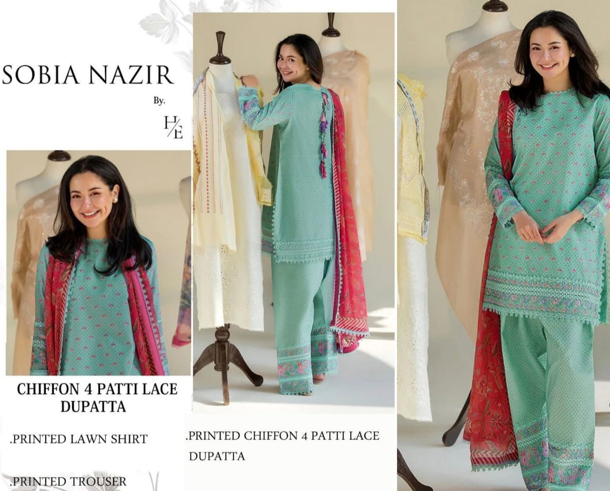 SOBIA NAZIR Lawn 3 Piece Unstitched Suit Mint & Fuchsia | Buy Online Pakistan | Bella's Creation