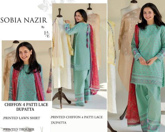 SOBIA NAZIR Lawn 3 Piece set in a soft mint and fuchsia palette.
