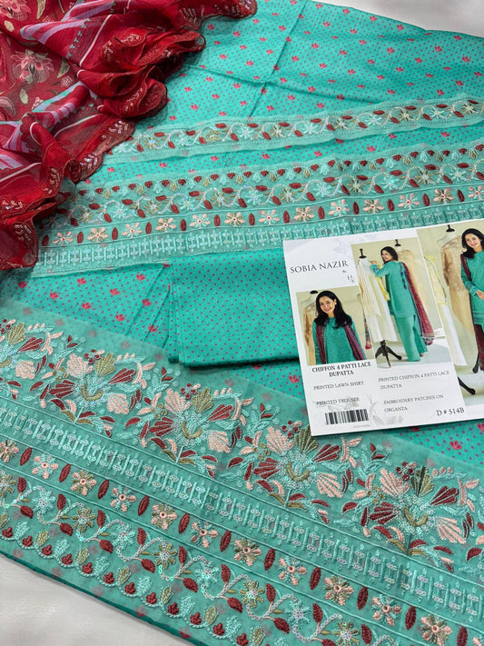 SOBIA NAZIR Lawn 3 Piece set in a soft mint and fuchsia palette.