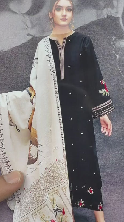 Asling 7652 A Black Embroidered Dhanak 3-Piece Winter Suit