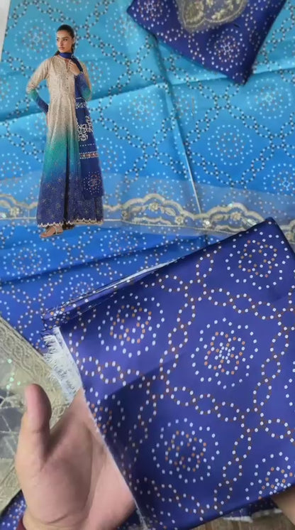3-Piece Digital Printed Silk Suit in Blue Ombre with Embroidered Patches & Chiffon Dupatta | Bella's Creation