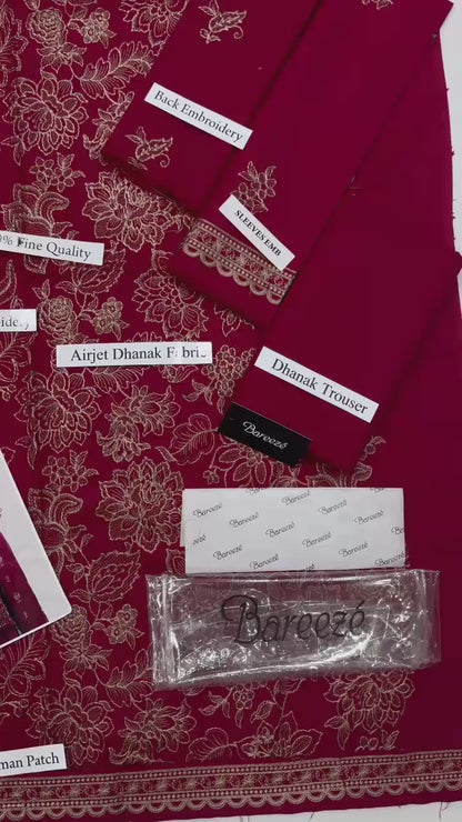 Bareeze Premium Airjet Dhanak Embroidered Suit with Shawl – Maroon