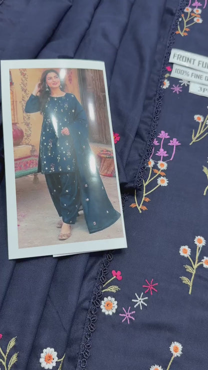 Aneelas 2719 Navy Blue Embroidered Dhanak Winter Suit