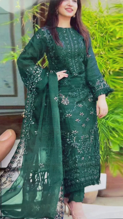 Nisa Winter Collection FF-7655B – 3PC Embroidered Dhanak Suit (Dark Green)